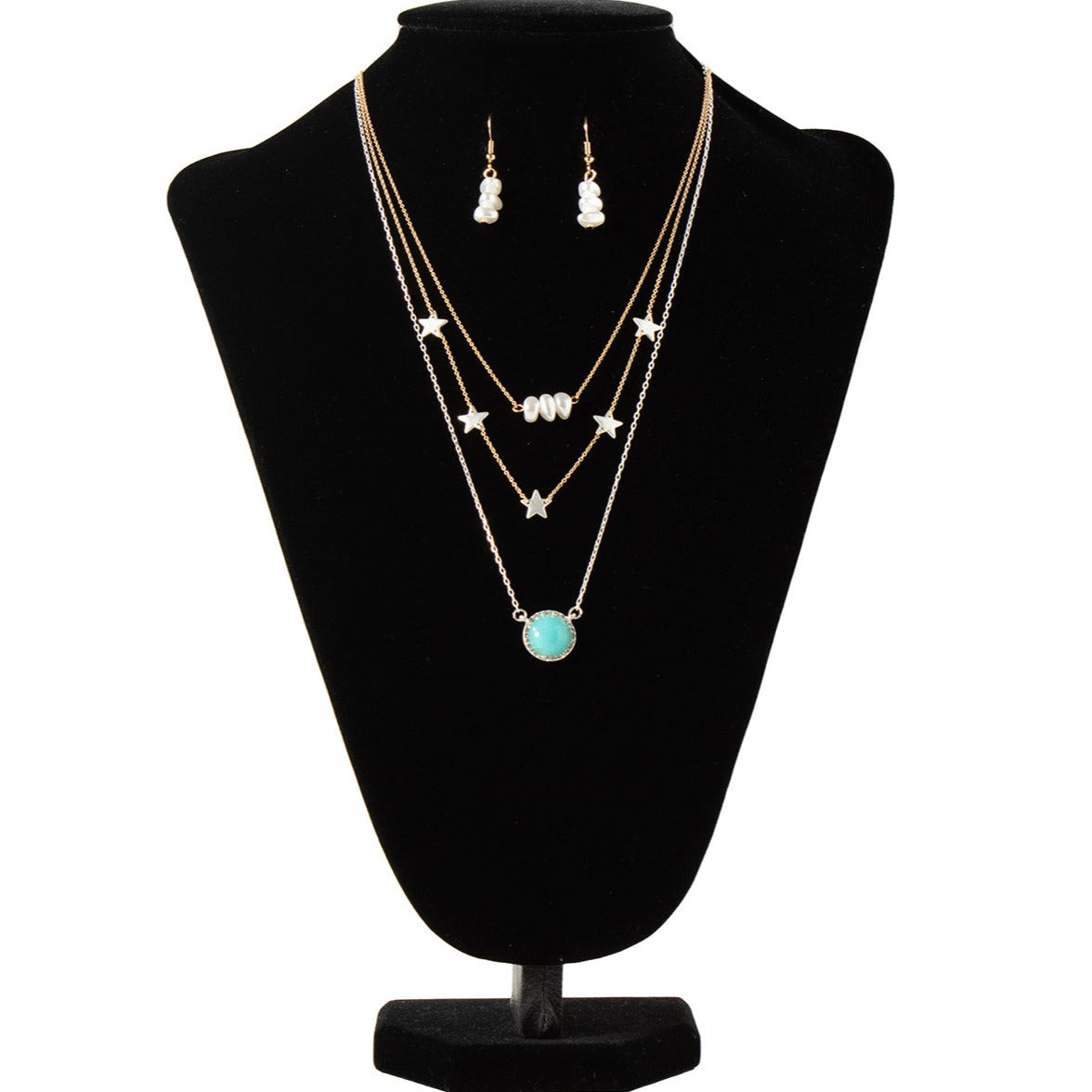 Blazin Roxx Stars Stones & Pearls Layered Necklace & Earring Set
