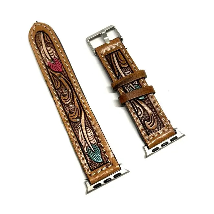Western Feather Tooled Leather Apple Watch Band