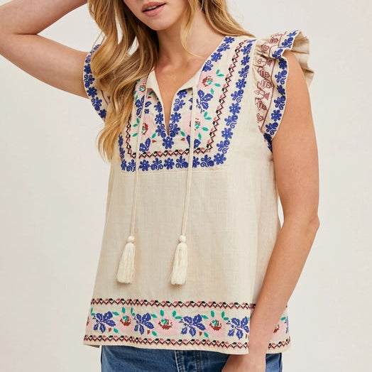 Women's Boho Floral Embroidered Ruffle Sleeve Blouse in Oatmeal