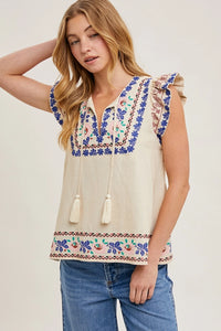 Women's Boho Floral Embroidered Ruffle Sleeve Blouse in Oatmeal