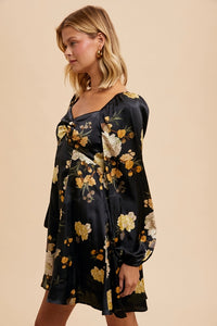 Women's Satin Milkmaid Flared Mini Dress in Midnight Floral