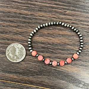 Pink Coral Gemstone & Navajo Inspired Pearl Stretch Bracelet