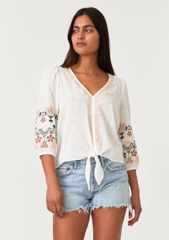 Women's Floral Embroidered Tie Front Blouse in Natural