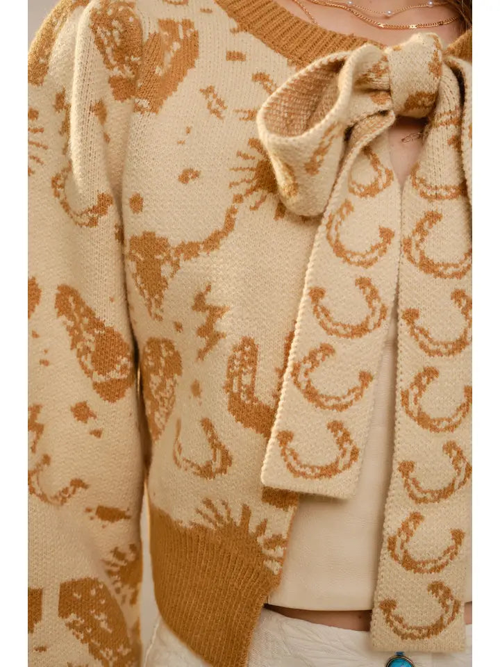 Women's Western Motif Tie Front Cardigan in Taupe