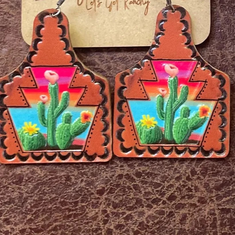 Leather Cactus Print Cow Ear Tag Earrings