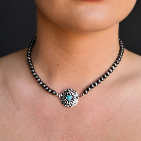 West & Co. Silver Navajo Inspired Pearl & Turquoise Concho Choker