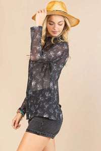 Women's Bucking Horses Semi-Sheer Mesh Long Sleeve Mock Neck Shirt
