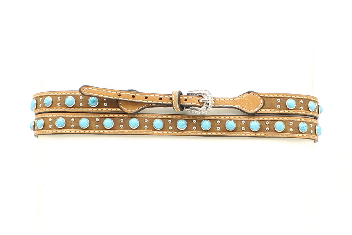 Medium Brown Leather Hat Band with Turquoise Stones & Studs