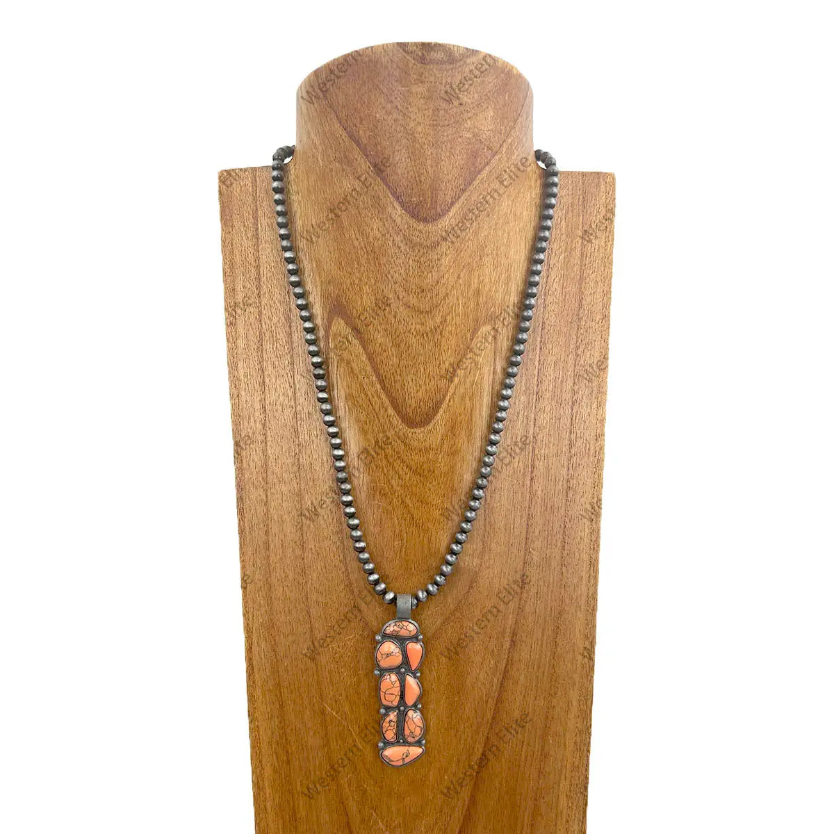 22" Navajo Inspired Pearl Necklace with Orange Stone Pendant