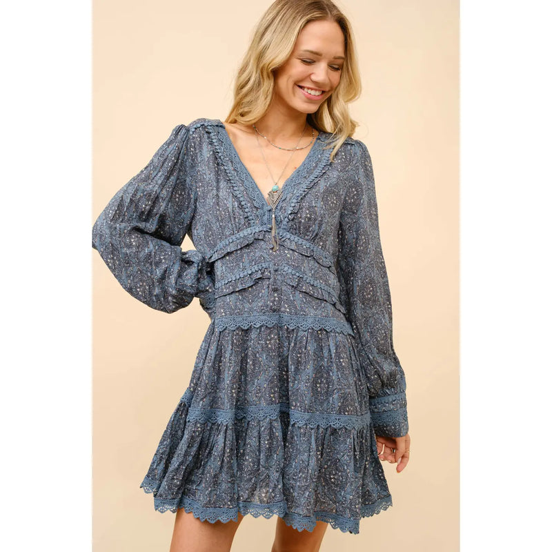 Women's Rayon Jacquard Lace Trimmed Mini Dress in Dusty Blue