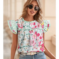 Women's Floral Print Contrast Ruffle Trim Short Sleeve Blouse in Pink