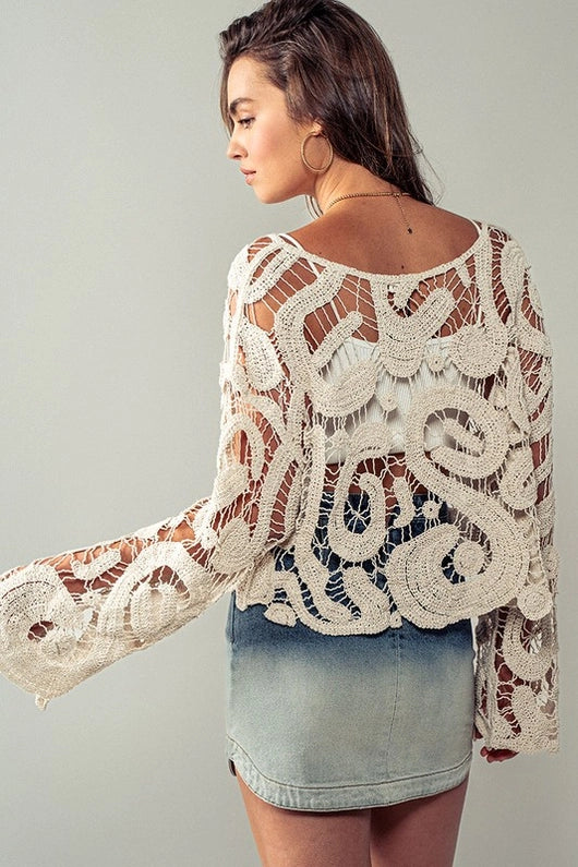 Women's Crochet Bell Sleeved Sweater in Cream