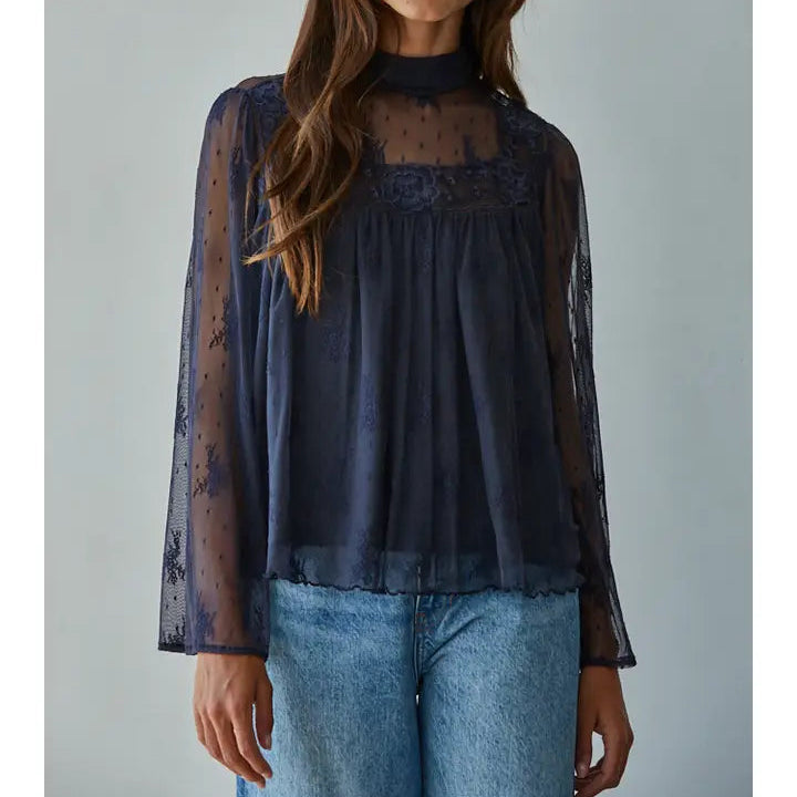 Women's L/S Woven Lace Mock Neck Bell Sleeve Top in Navy