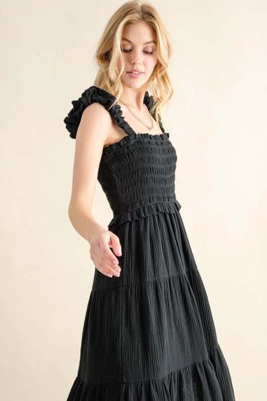 Women's Ruched Strapped Smocked Midi Dress (Available in Black & Camellia)
