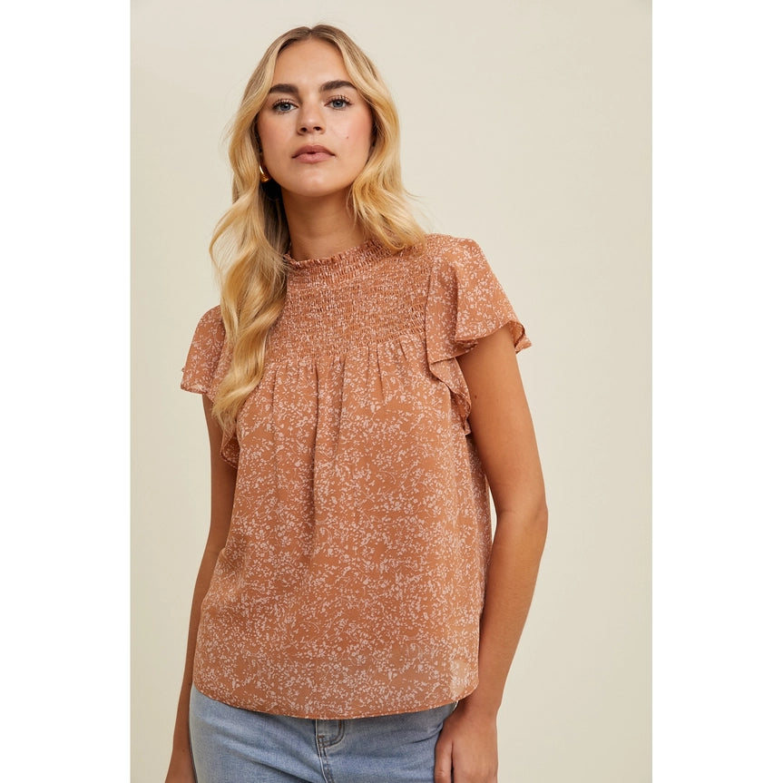 Women's Smocked Floral Flutter Sleeve Blouse in Clay