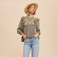 Women's Quarter Sleeve Floral Embroidered Ruffle Shoulder Blouse in Olive