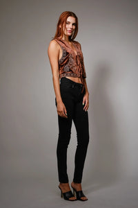 Women's Sleeveless Embroidered Velvet Cropped Vest in Brown