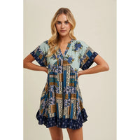 Women's S/S Multi-Print Mini Dress in Mint