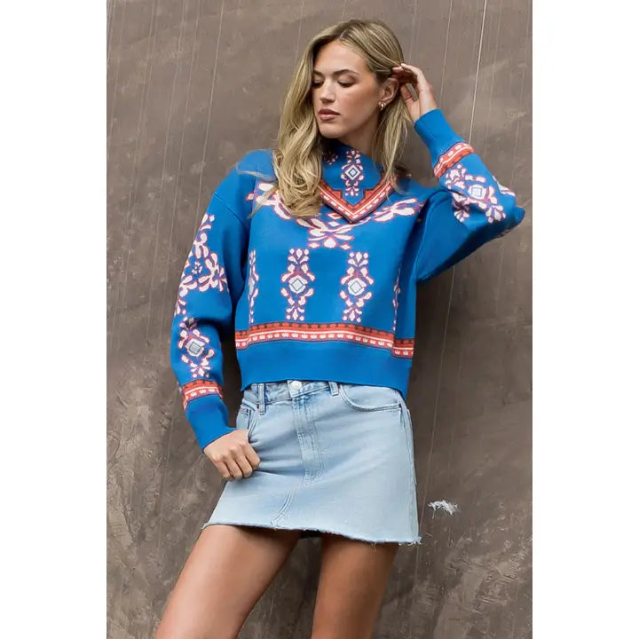 Women's L/S Scarf Neck Print Sweater in Blue