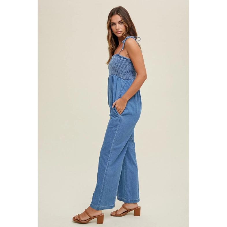 Women's Smocked Bust Denim Jumpsuit in Mid Wash