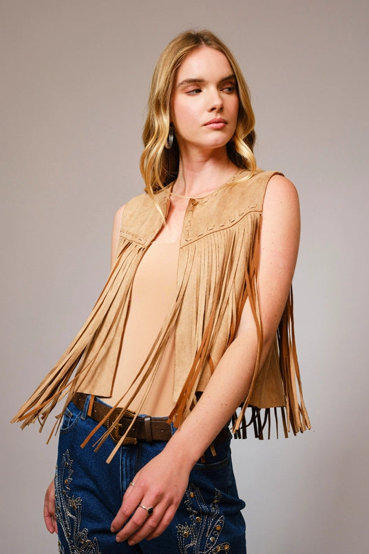 Women's Western Fringe Suede Vest in Camel