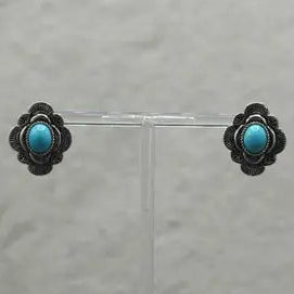 Turquoise Stone Silver Floral Post Earrings
