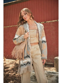Women's Western Pattern Fringe Detail Belted Cardigan in Taupe