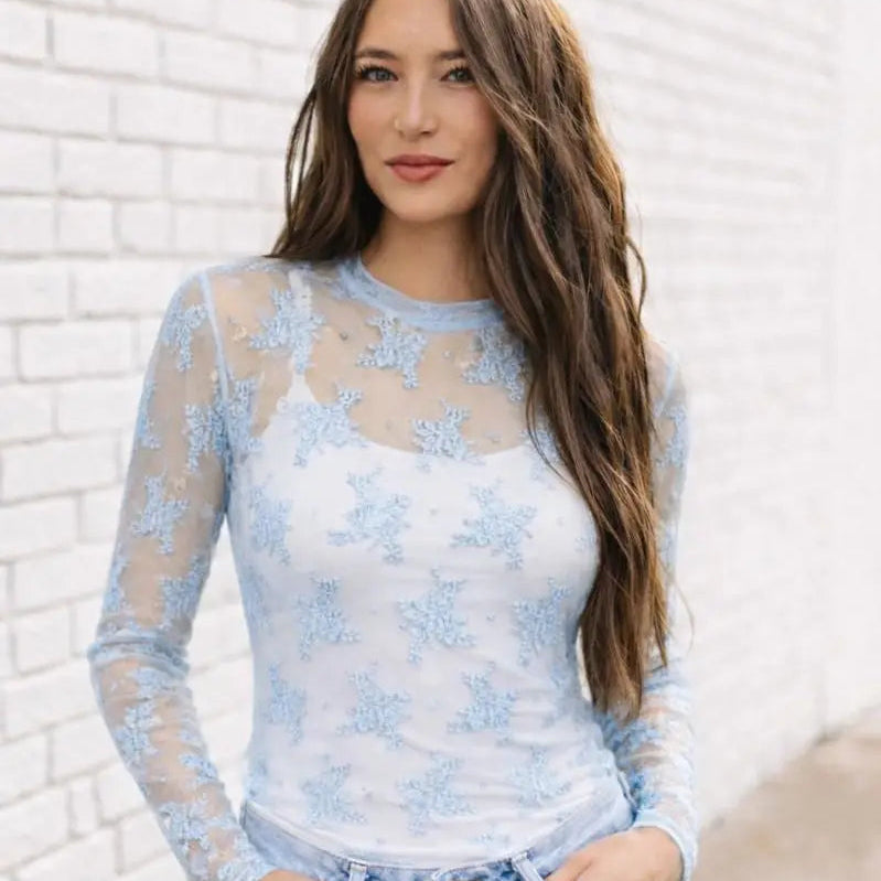 Women's L/S Lace Mesh Top in Baby Blue