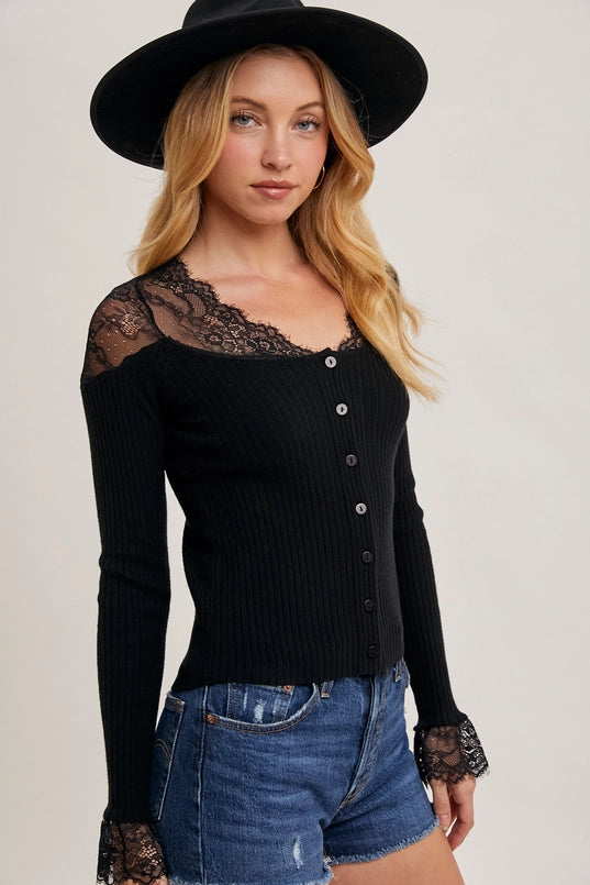 Women's L/S Lace Trimmed Button Down Fashion Top in Black