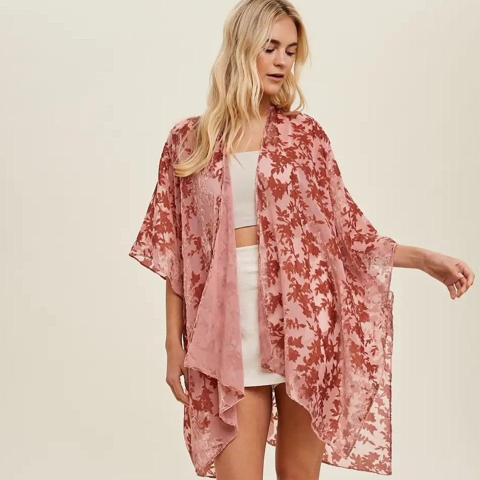 Women's Velvet Floral Kimono in Rose