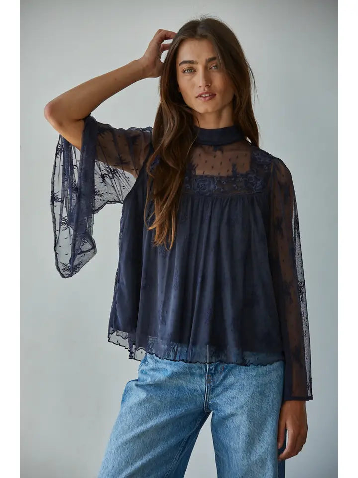 Women's L/S Woven Lace Mock Neck Bell Sleeve Top in Navy