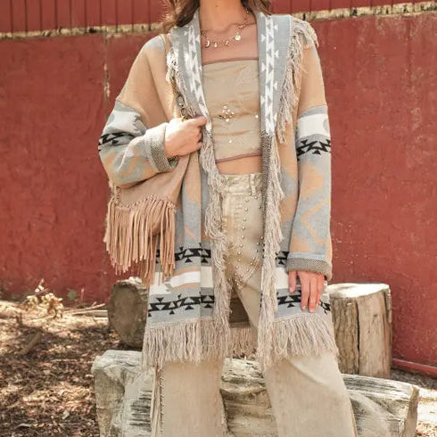 Women's Western Pattern Fringe Detail Belted Cardigan in Taupe