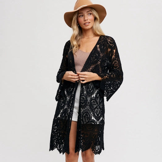 Women's Crochet Open Front Long Cardigan in Black