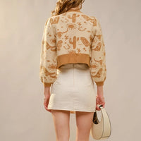 Women's Western Motif Tie Front Cardigan in Taupe