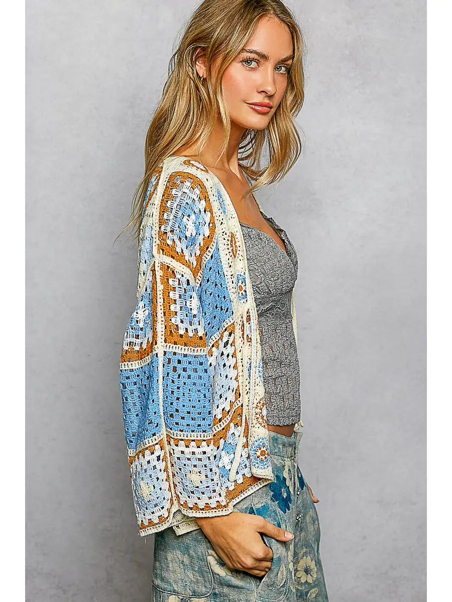 Women's Front Tie Crochet Cardigan in Blue Multi