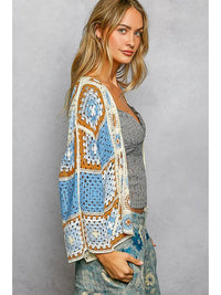 Women's Front Tie Crochet Cardigan in Blue Multi