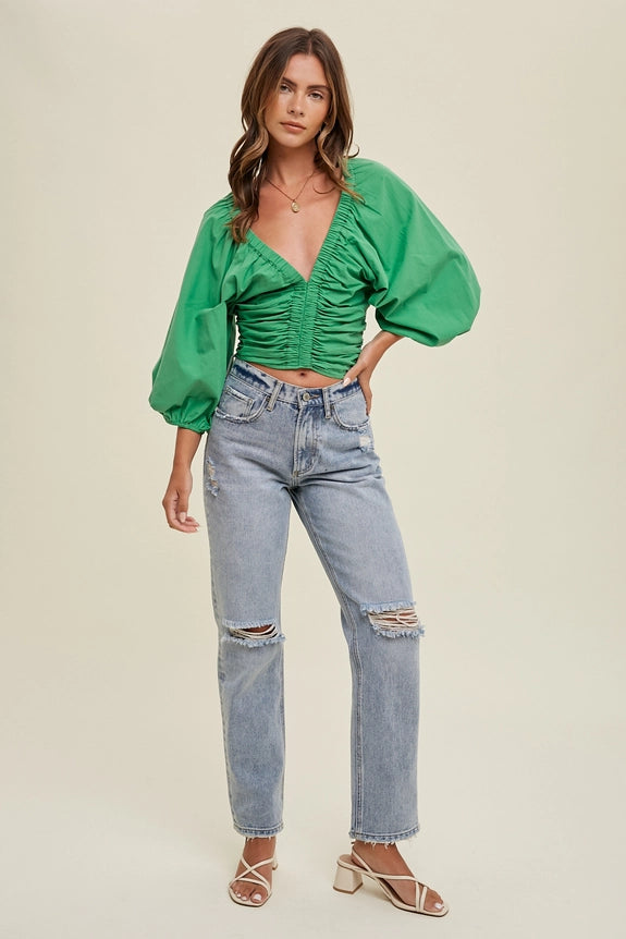 Women's Cropped Ruched Deep V-Neck Blouse in Green