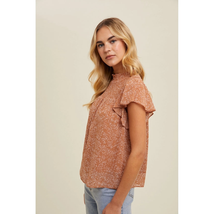 Women's Smocked Floral Flutter Sleeve Blouse in Clay