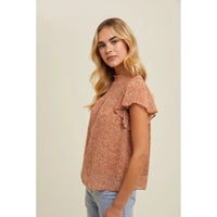 Women's Smocked Floral Flutter Sleeve Blouse in Clay