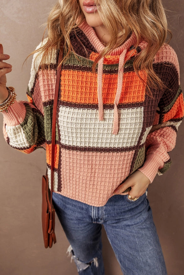 Women's Multi-Color Block Waffle Knit Sweater in Orange