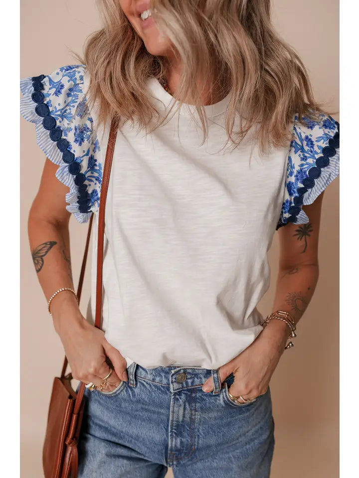 Women's Ricrac Trim Contrast Patchwork Flutter Sleeve Shirt (Available in 2 Colors)