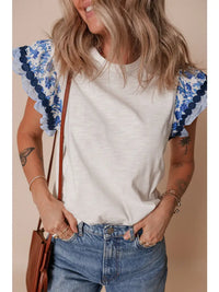 Women's Ricrac Trim Contrast Patchwork Flutter Sleeve Shirt (Available in 2 Colors)