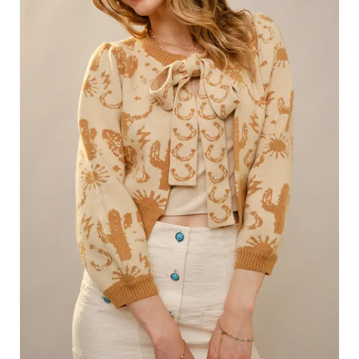 Women's Western Motif Tie Front Cardigan in Taupe