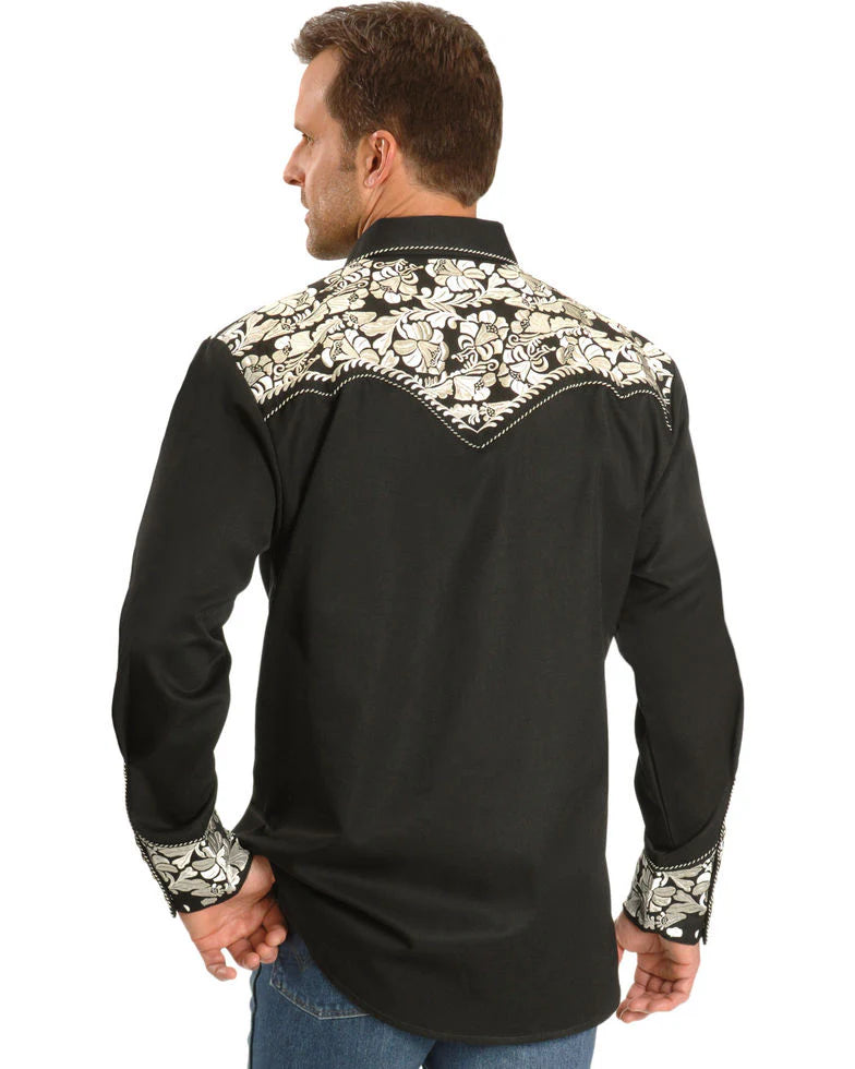 Scully Men's Floral Embroidered Western Snap Shirt in Black