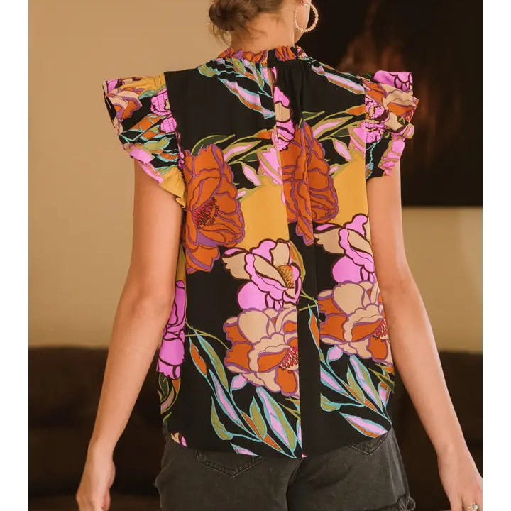 Women's Printed Short Flutter Sleeve Top in Multicolor (Available in Plus Sizes)
