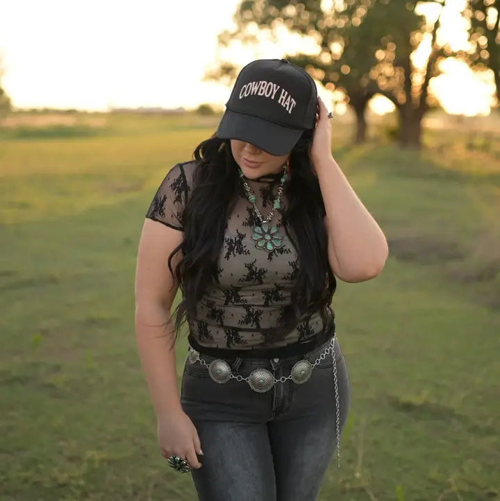 Women's S/S Lace Mesh Top in Black