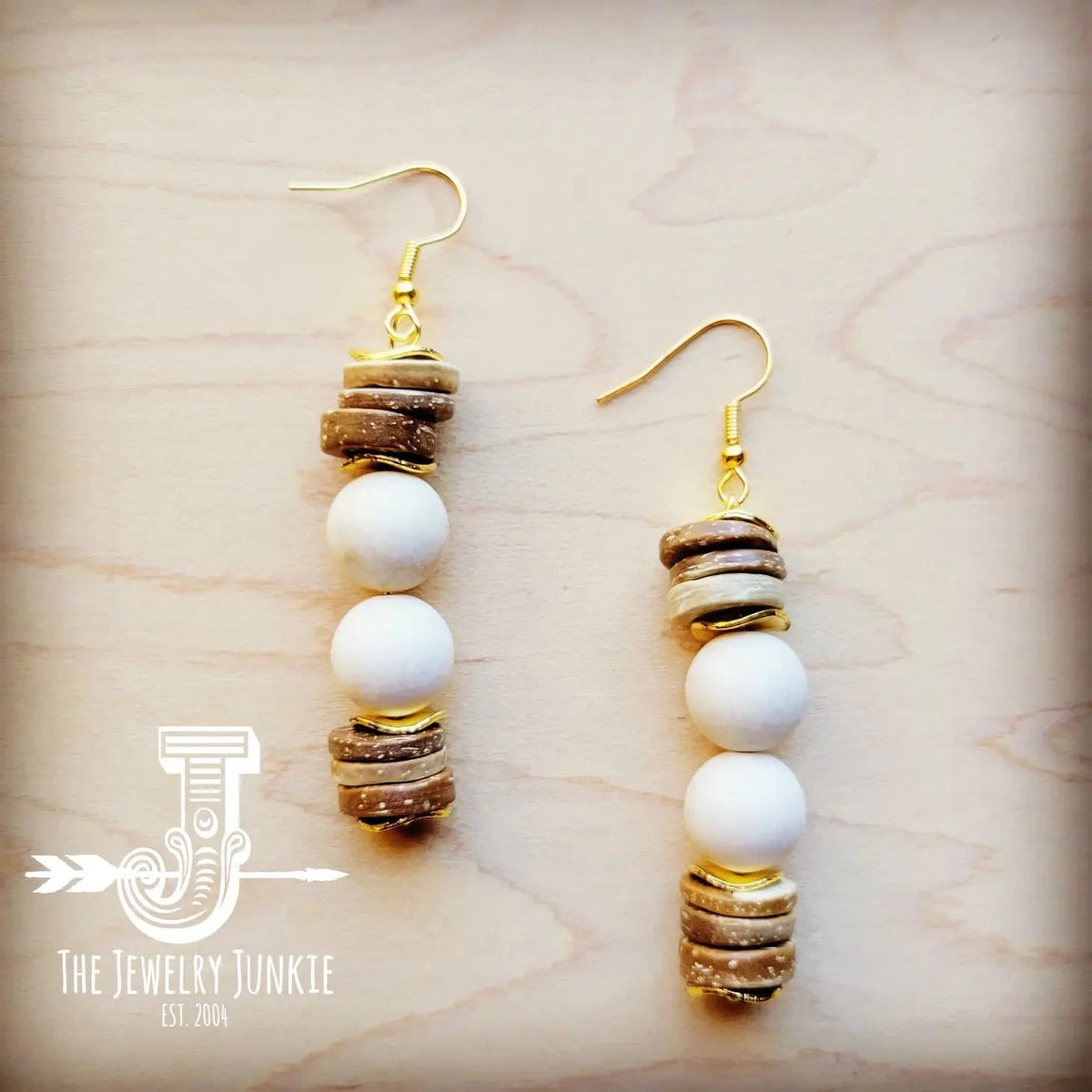 Cream Fossil Bead Earrings with Wood and Gold Accents