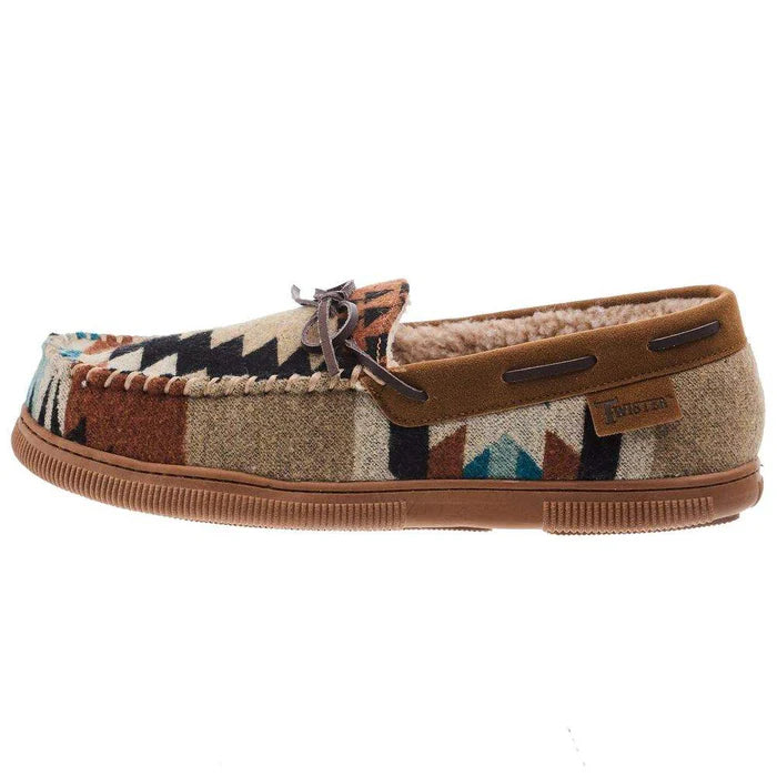 Twister Men's Milo Moccasin Slippers in Tan & Blue Aztec