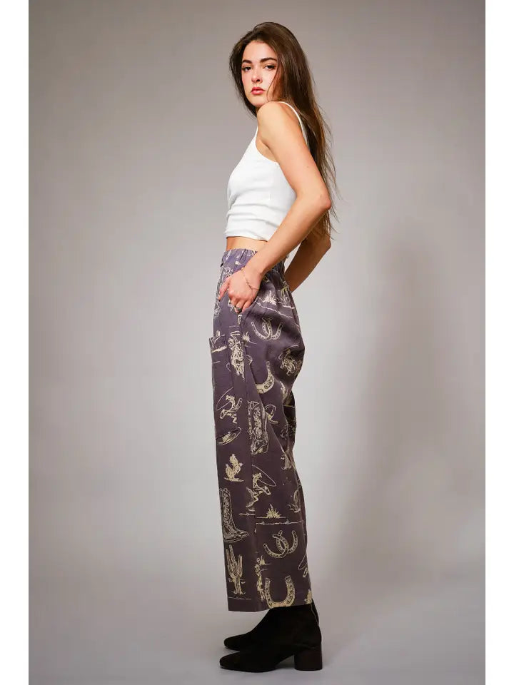 Women's Western Motif Wide Leg Cropped Pants in Washed Navy