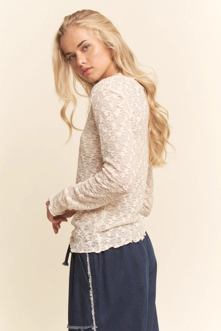 Women's L/S Sheer Floral Lace Mesh Top (3 Color Options) (Available in Plus Sizes)